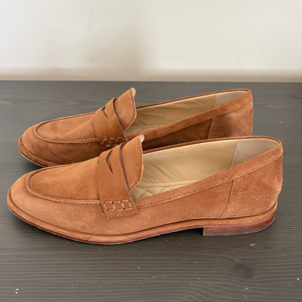 J McLaughlin Concetta Suede Penny Loafers Camel Size 7.5